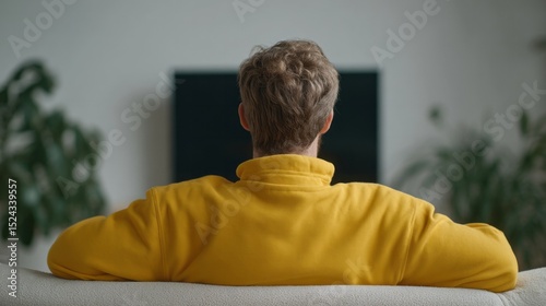 A contemplative European male savors quietude in a vibrant yellow sweater, perfect for Hygge-inspired moments and World Television Day