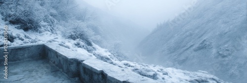 Stone-laden path veiled in ethereal frost, echoing Yule's whisper and Niflheim's mythic embrace, winter solitude's serene ballet