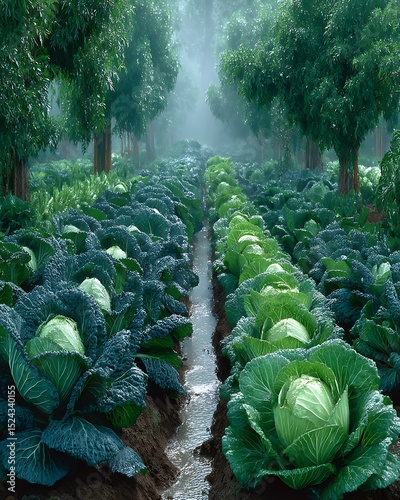 Dew-covered cabbages in foggy farmland high resolution picture