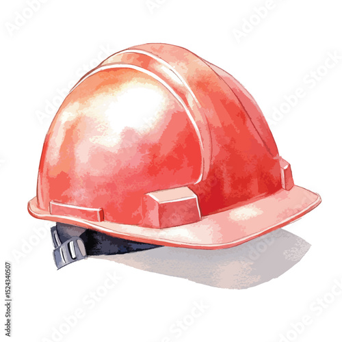 Watercolor Illustration of a Red Construction Hard Hat with Shadow