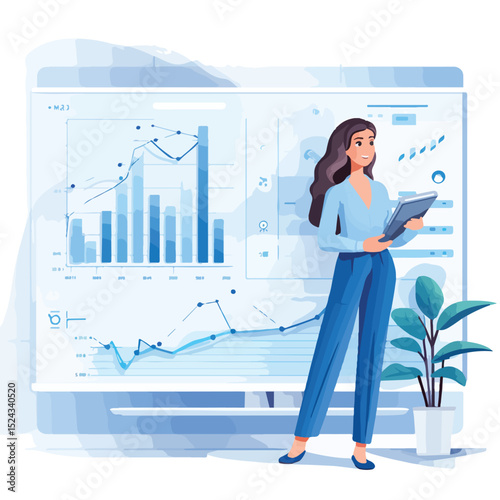 Professional Businesswoman Displaying Statistical Data with Blue Lines for Presentations