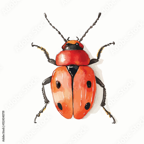 Watercolor Illustration of a ReddishOrange Ladybug with Distinct Black Spots