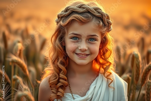 Portrait of a beautiful little girl with red hair in a wheat field at sunset