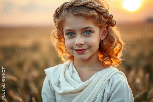 Beautiful little girl with braided hair and green eyes in a wheat field portrait