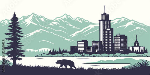 Anchorage Skyline with Alaskan Mountain Backdrop Vector Art