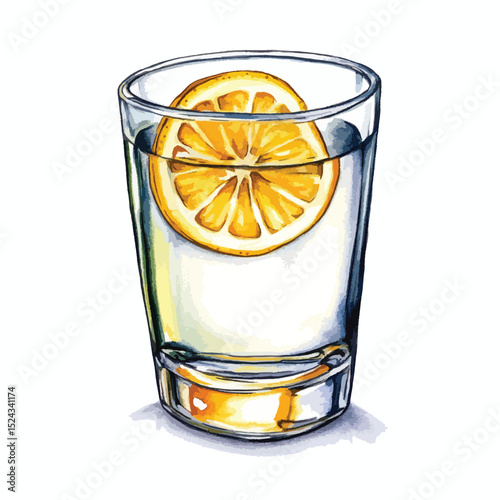 Watercolor Illustration of a Shot Glass with Clear Liquid and Orange Slice