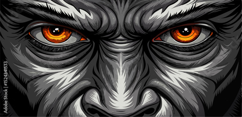 Angry Gorilla Face Close-Up: Intense Orange Eyes, Detailed Artwork