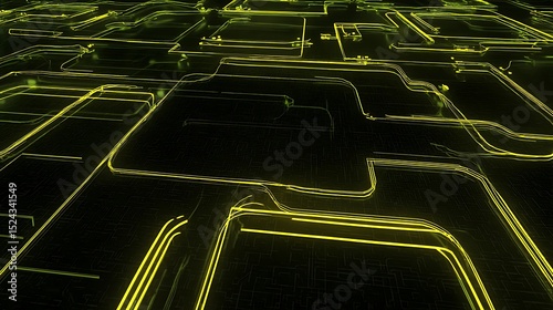 Circuit board with glowing yellow lines