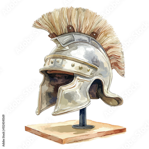 Watercolor Illustration of a Silver Corinthian Helmet with Plume on Display Stand