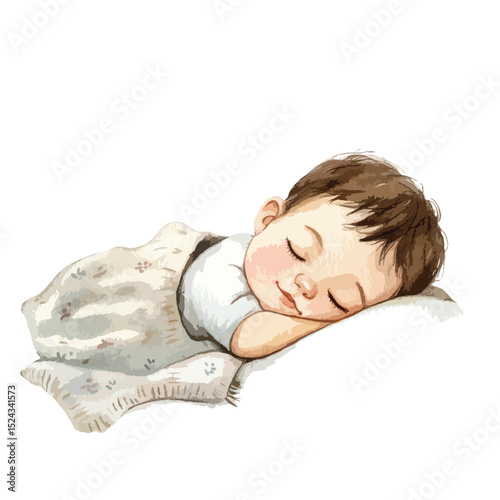 Watercolor Illustration of a Sleeping Baby Boy with Floral Blanket