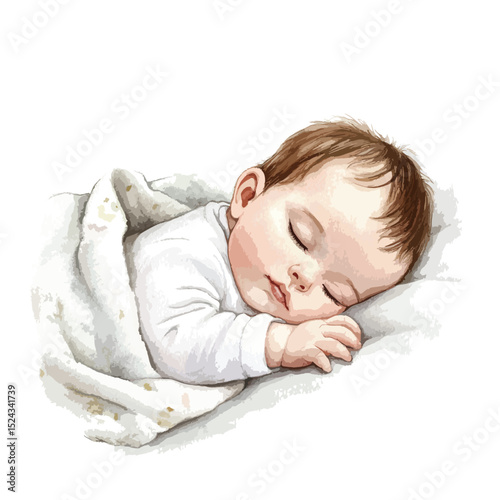 Watercolor Illustration of a Sleeping Baby with Brown Hair and White Blanket
