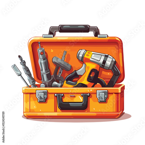 Professional Construction Tools, Toolbox, and Drill Symbols Vector Illustration