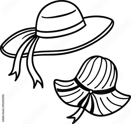 Two elegant summer hats with ribbons in a simple line art style