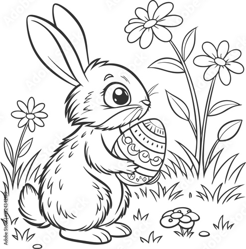 a4 colouring page bunny painting an easter egg. ready to print on standard A4 paper bunny and eggs easy coloring page in A4 size, cute cartoon Easter anima