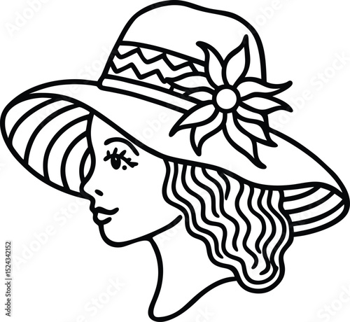 Elegant Woman in Hat with Flower Line Art Illustration