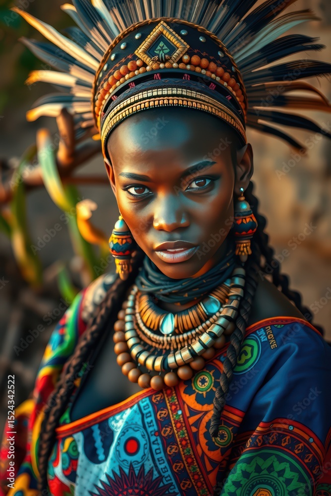 Obraz premium Portrait of african woman in tribal attire and headdress digital art painting