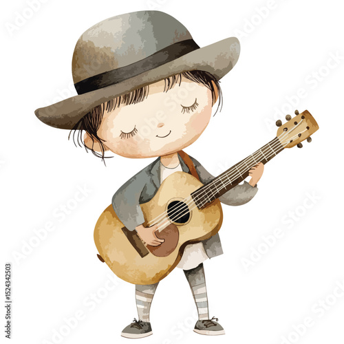 Watercolor Illustration of a Smiling Child Playing Acoustic Guitar with Hat
