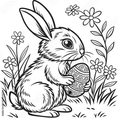 a4 colouring page bunny painting an easter egg. ready to print on standard A4 paper bunny and eggs easy coloring page in A4 size, cute cartoon Easter anima