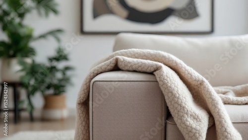 Cozy Beige Throw Blanket Draped on a Modern Sofa in a Minimalist Living Room