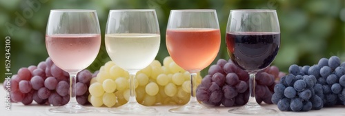 Glistening glasses parade like a wine rainbow amidst grape clusters, evoking Bacchanalia festivities and Oktoberfest's spirited revelry photo