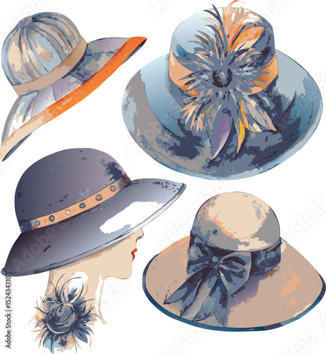 Elegant Collection of Vintage Hats with Floral and Ribbon Accents Illustration
