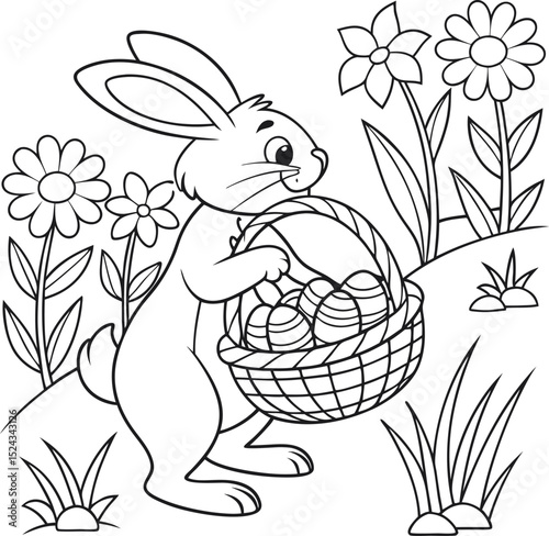 a4 colouring page bunny painting an easter egg. ready to print on standard A4 paper bunny and eggs easy coloring page in A4 size, cute cartoon Easter anima