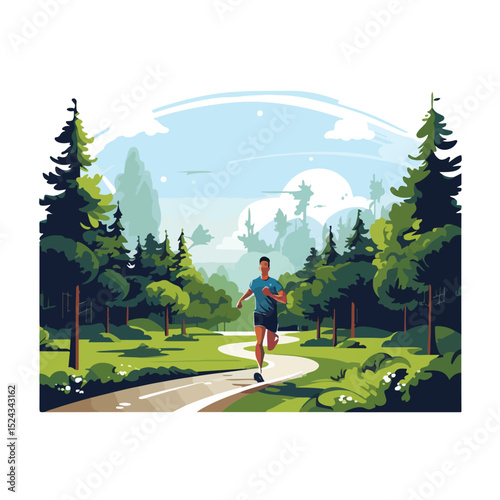 Professional Vector Illustration of a Fit Man Running at Scenic Park Environment