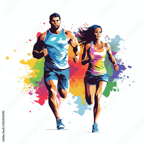 Professional Image of Fitness Woman Lifting Dumbbells and Man Running in Gym Environment