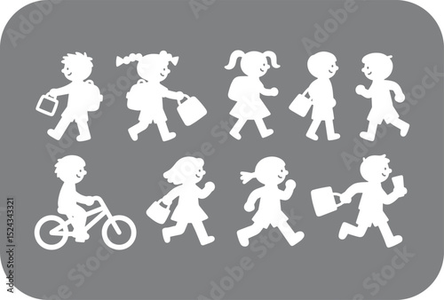 Silhouettes of Children Going to School with Backpacks Lunchboxes and Riding a Bike on a Gray Rounded Rectangle Background This image features