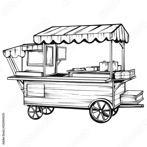 Professional Black and White Vector of Food Booth Cart for Culinary Events