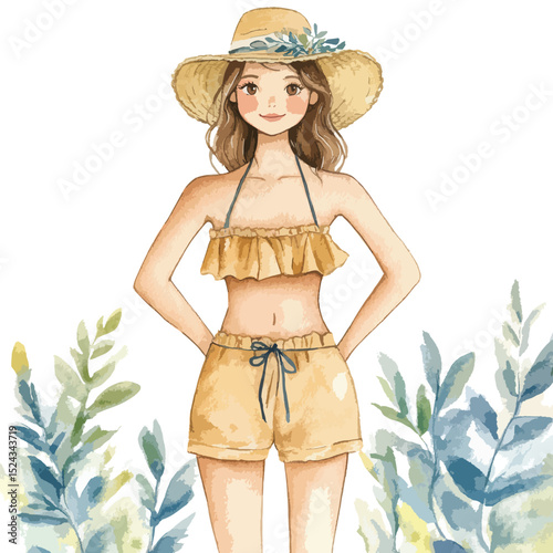 Watercolor Illustration of a Smiling Girl in Summer Outfit
