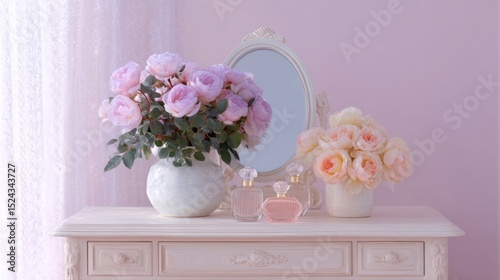 A vintage vanity adorned with pastel florals, evoking Victorian garden teas and the ethereal charm of Sakura Matsuri photo