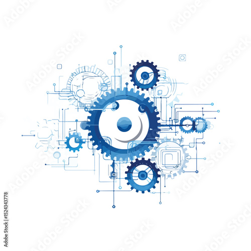 Efficient Machinery Gears in Isolated Blue Lines Vector Illustration for Industrial Use