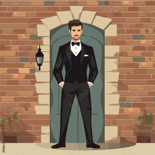 Elegant Groom Standing in Front of a Door with Bricks Background