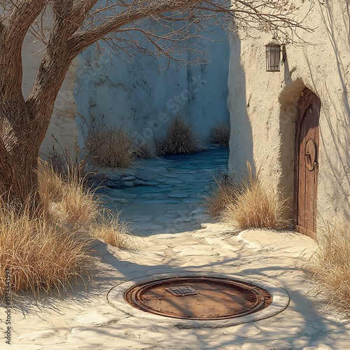 Dried vegetation growing beside rusty manhole high resolution picture