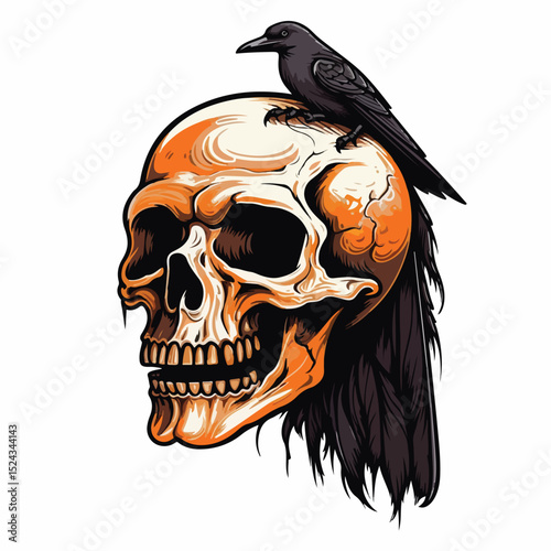 Spooky Halloween Skull Head with Crow Vector Illustration for Creepy Designs
