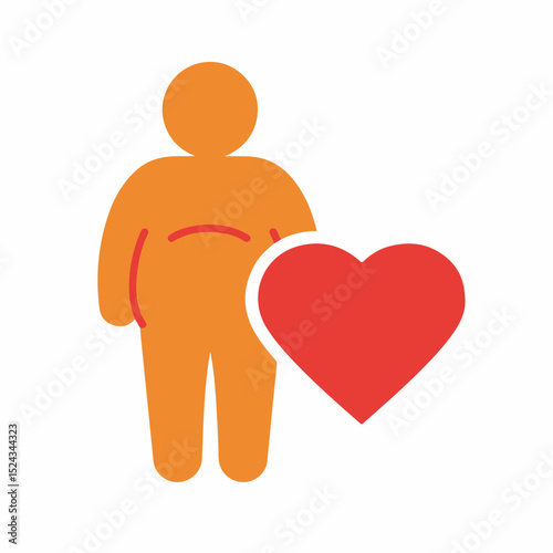 Healthy lifestyle concept with overweight person and big heart.  Image shows person with extra weight next to large red heart symbolizing health and well-being.