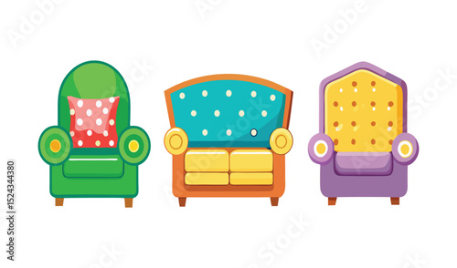 Two comfortable vintage wooden chairs and a luxurious armchair on white and green backgrounds