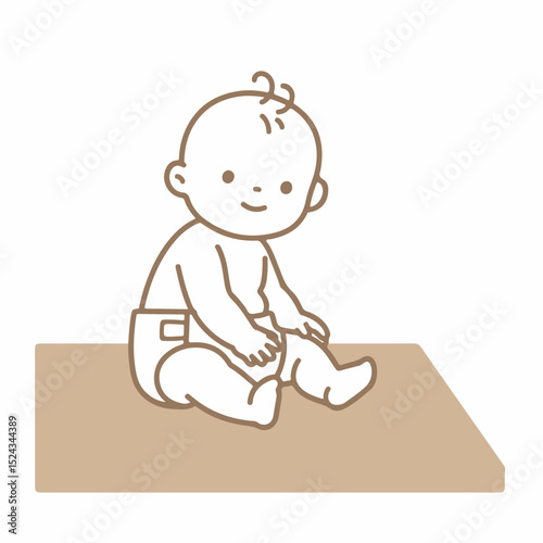 Adorable baby sitting on playmat. Happy infant in diaper playing on floor mat. Sweet baby illustration for nursery decor, baby shower invitations, or children's book.