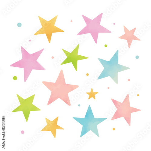 Set of watercolor cute stars illustration collection. Star in various color pastel cartoon style. Isolated vector for decoration, children, pattern, background