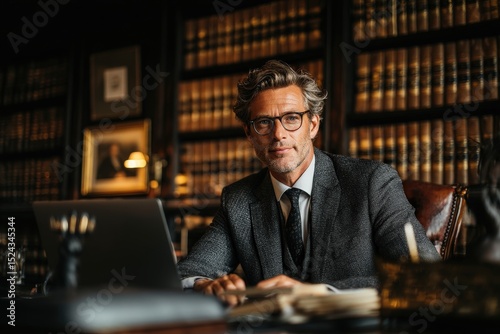 A distinguished man in a vintage office setting with bookshelves and a laptop.