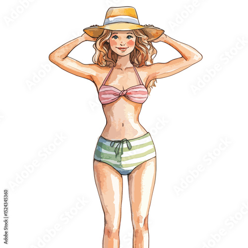 Watercolor Illustration of a Smiling Woman in a Striped Bikini and Sun Hat