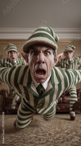 Whimsical elfin man leaps forward passionately, sporting striped attire, perfect for Mischief Night festivities or Towel Day quirkiness