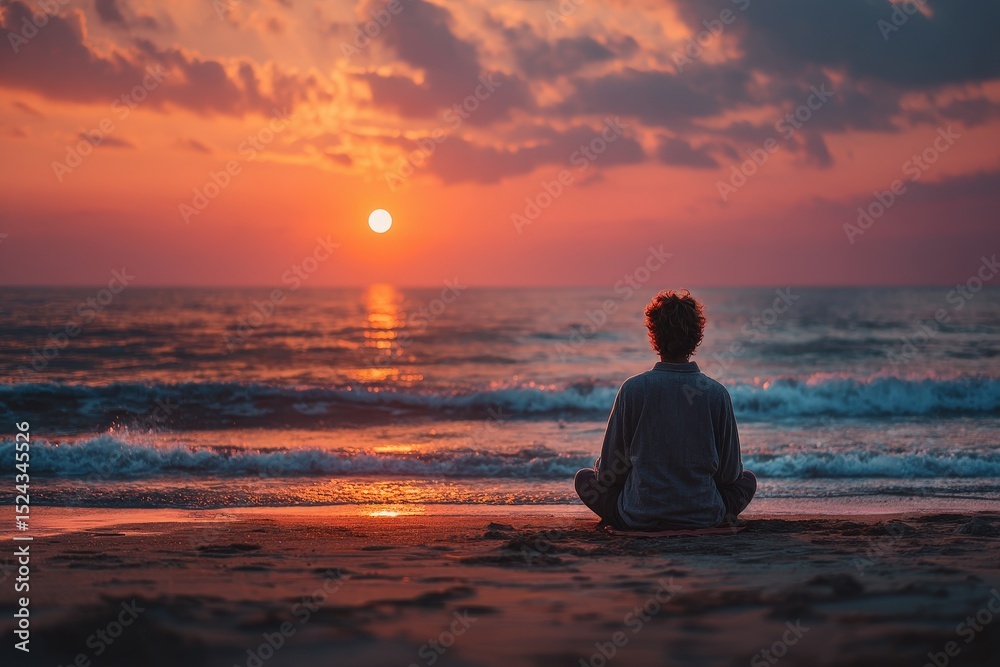 Fototapeta premium A person meditates on the beach during a vibrant sunset over the ocean.