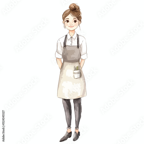 Watercolor illustration of a smiling woman in apron with tools