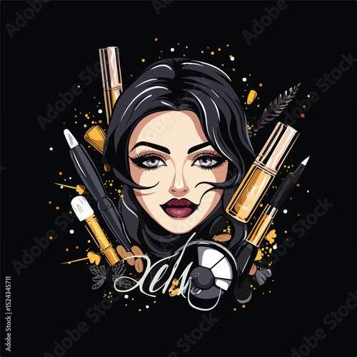 Professional Makeup Cosmetics and Elegant Lettering on Dark Background