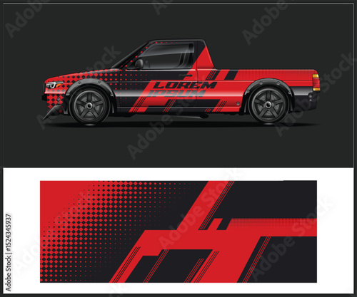 Red and Black Truck Wrap Design with Geometric Patterns