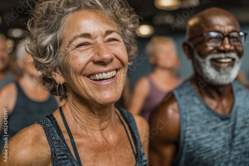 Joyful seniors enjoying a fitness class, showcasing happiness and community spirit.