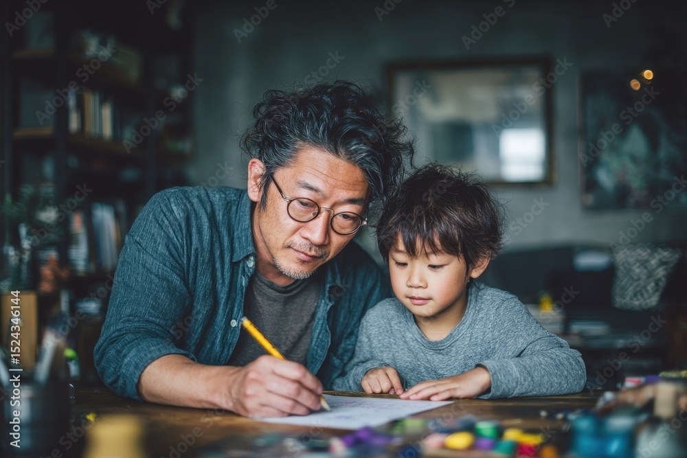 A father helps his son with homework in a warm home setting. Perfect for parenting, education, and family bonding themes. A father helps his son with homework in a warm home setting. Perfect for parenting, education, and family bonding themes.
