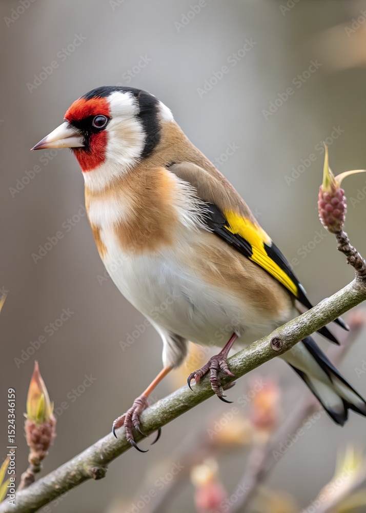 Fototapeta premium European Goldfinch on Branch – Ultra Realistic Bird Close-Up with Blurred Background